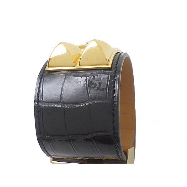 【値下げ】HERMES エルメス コリエ・ド・シアン ブレスレット バングル S クロコ アリゲーター/GP ブラック(黒) □R刻/2014年 中古 送料無料 質屋出品 | HERMES | 04