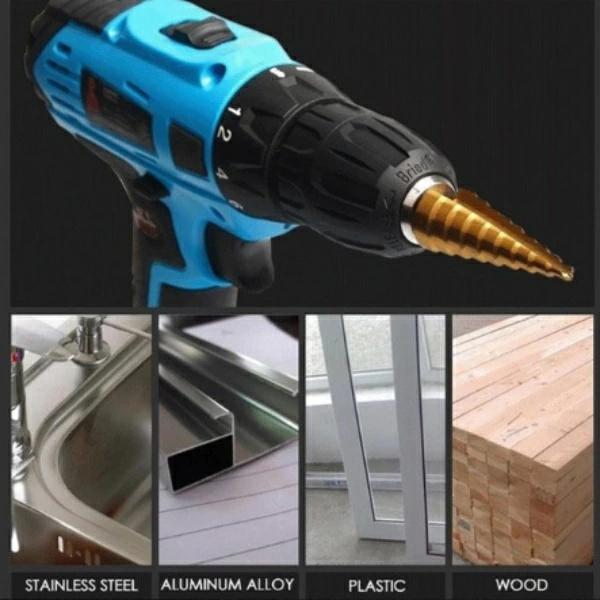 ステップドリル タケノコドリル チタンコーティング 六角軸 3本セット(4-20 4-12 3-12) HSS鋼 穴あけチタン ミリ（mm） |  | 01