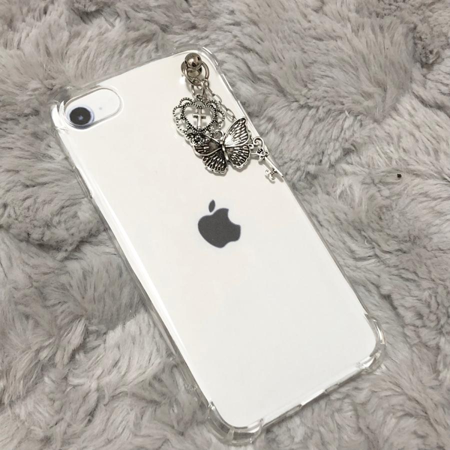 iPhone 12 iPhoneケース 透明 挟む クリア チェーン 蝶々 チャーム
