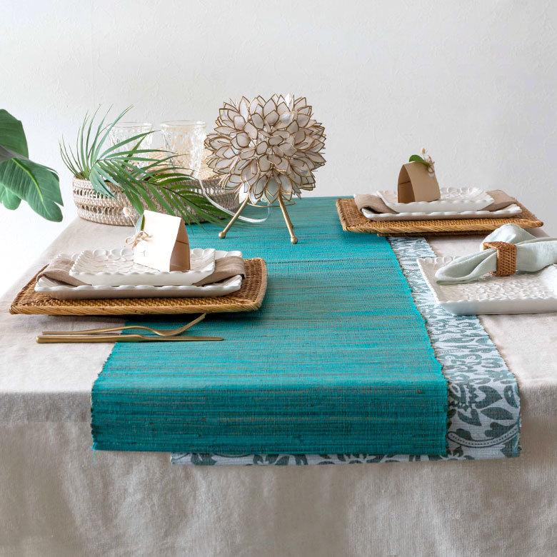 ウォーターヒヤシンス アジアン テーブルランナー ターコイズブルー