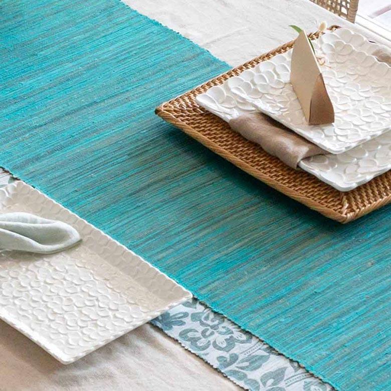 ウォーターヒヤシンス アジアン テーブルランナー ターコイズブルー