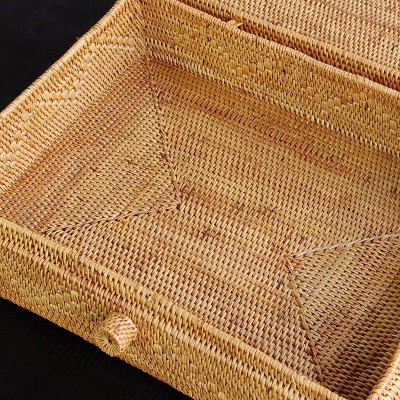 アタ 編まれた 四角いフタ付きボックス型 バスケット 柄 あり 10986