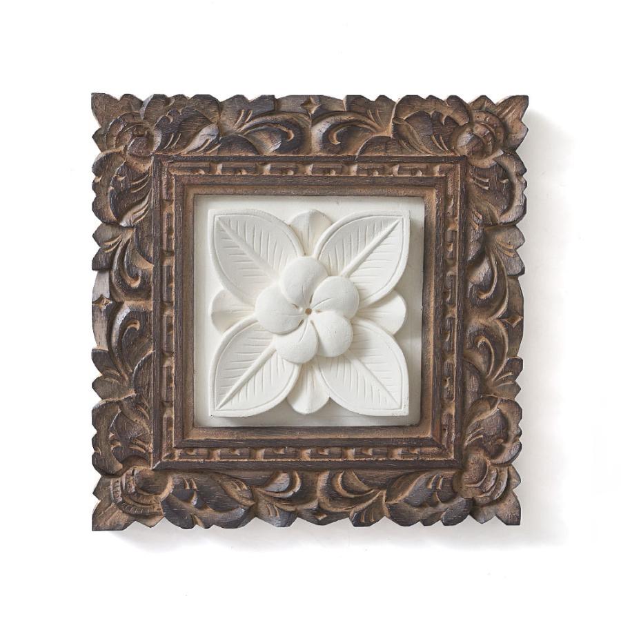 木彫りフレーム付きプルメリアモチーフのストーン レリーフ 彫刻 20