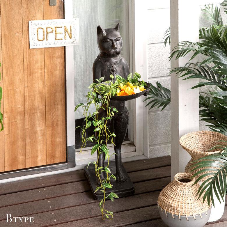 お皿を持ったブロンズ製の大きな特大バリネコ像 12960 : アジア工房