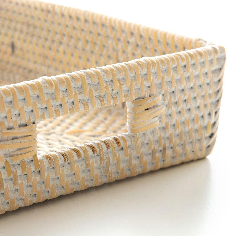 トレイ ラタン製 ホワイトウォッシュ 持ち手付き スクエア型 約30.5