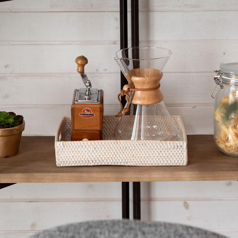 トレイ ラタン製 ホワイトウォッシュ 持ち手付き スクエア型 約30.5