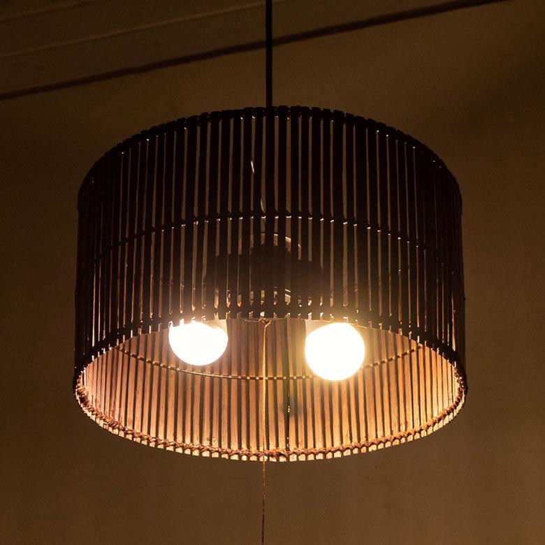 ペンダントライト ラウンドタイプ 2灯 口金E26 100W バンブー製 LED 対応 径40cm 高さ22cm 13583
