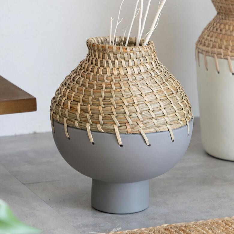 陶器　花器 フラワーベース テラコッタ製 ※水入れ不可 シーグラス編み込みデザイン