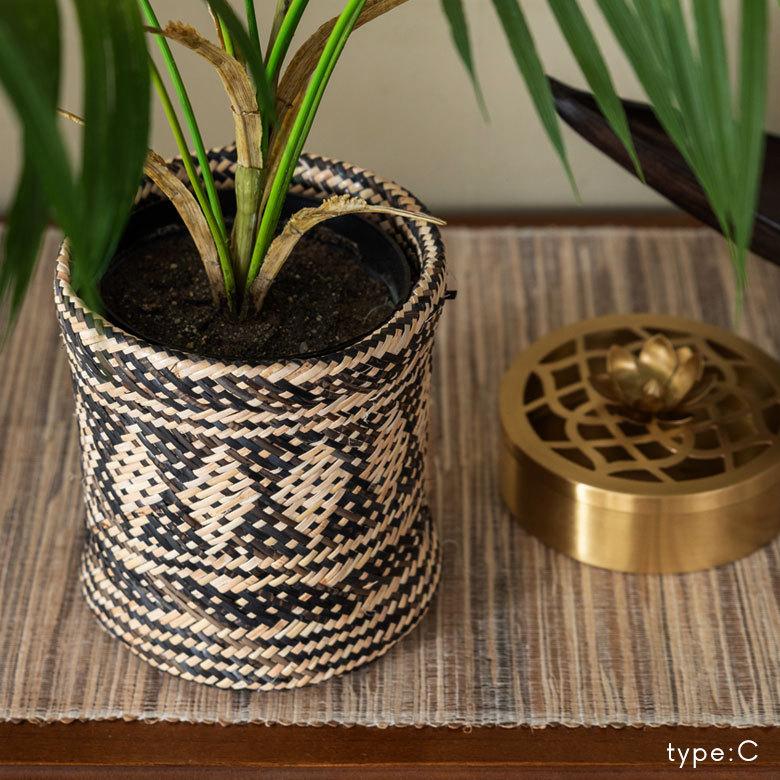 プランター カバー 筒形 円柱 ラタン ネイティブ柄 深型 S 4号 植木 鉢