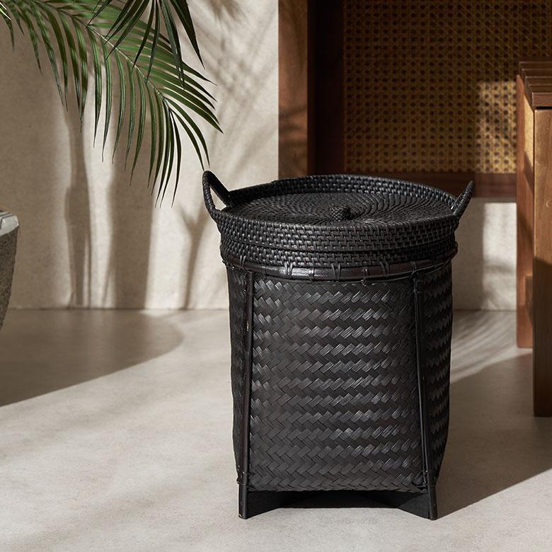 ランドリーバスケット　籐　ラタン　竹　バンブー バスケット かご 約 18L ラタン バンブー 籐 竹 ふた 持ち手 付