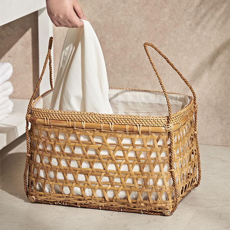 バスケット かご 約 15L ラタン バンブー 籐 竹 持ち手 ハンドル 内布