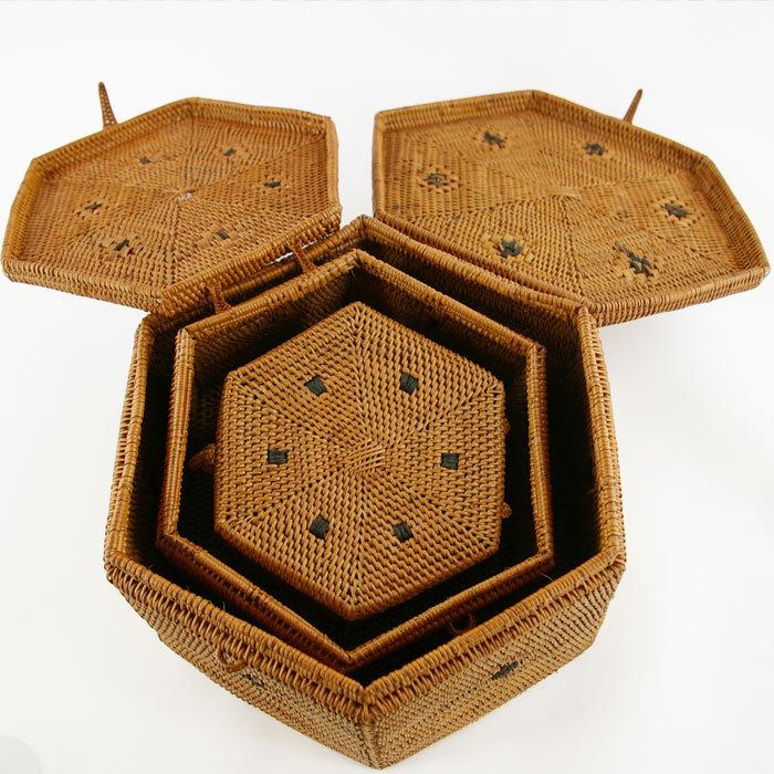 アタ 編まれた 六角形 フタ付き アジアン 小物入れケース S 収納