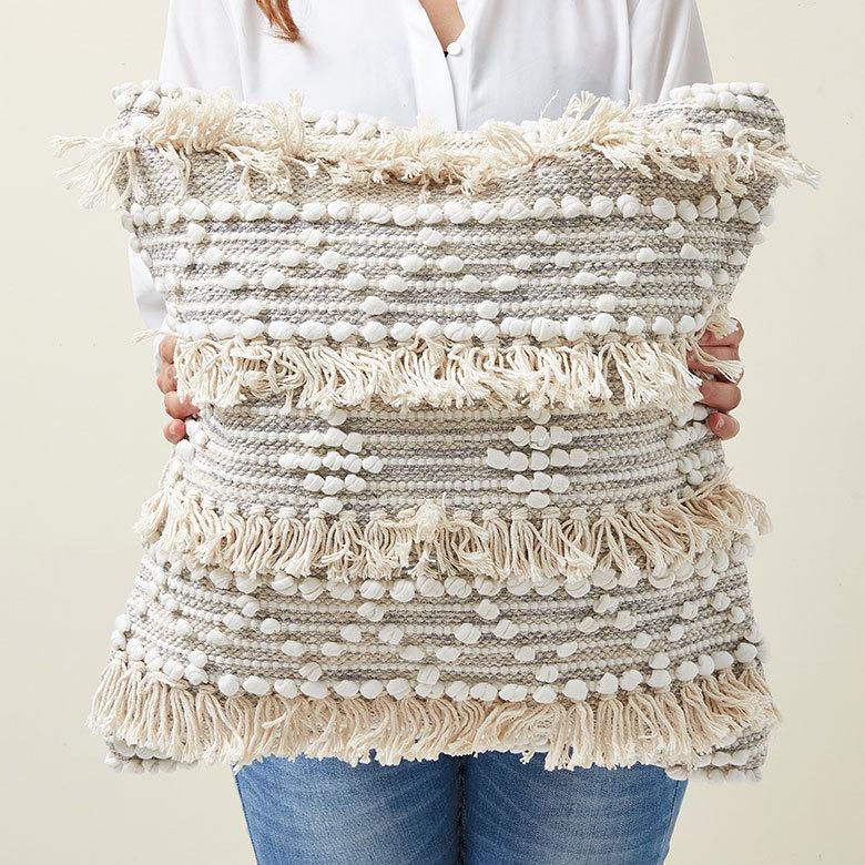 クッションカバー コットン ハンドルーム 手織り 45×45cm フリンジ デザイン グレー Raha ラーハ 34477-gy |  | 07