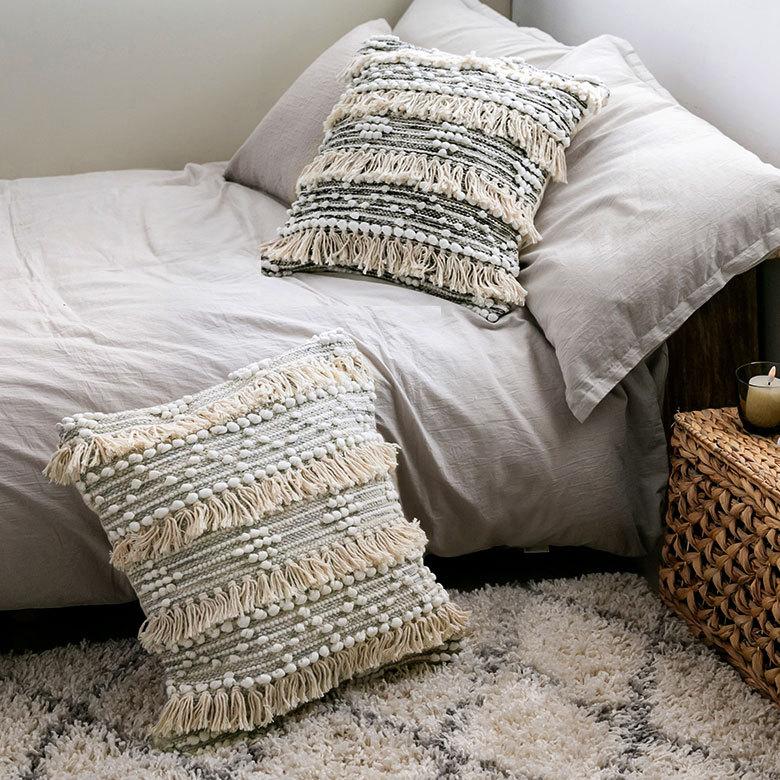 クッションカバー コットン ハンドルーム 手織り 45×45cm フリンジ デザイン グレー Raha ラーハ 34477-gy |  | 09