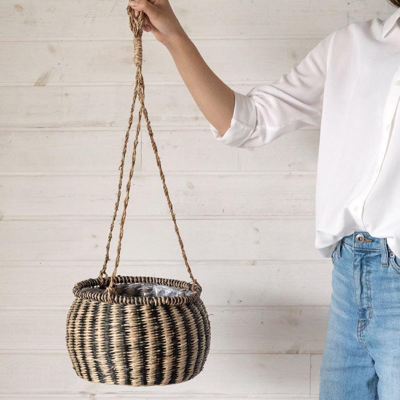 プランターバスケット ハンギング シーグラス製 黒縦ボーダー×ナチュラル 上口径20cm 51164 |  | 06