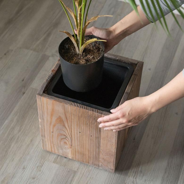 プランターカバー ウッドプランターボックス ウッドプランターカバー スクエア型 Sサイズ 5号用 インナーポット付き 底穴なし 木製 外寸 24.5×24.5cm c-51 | ブランド登録なし | 07