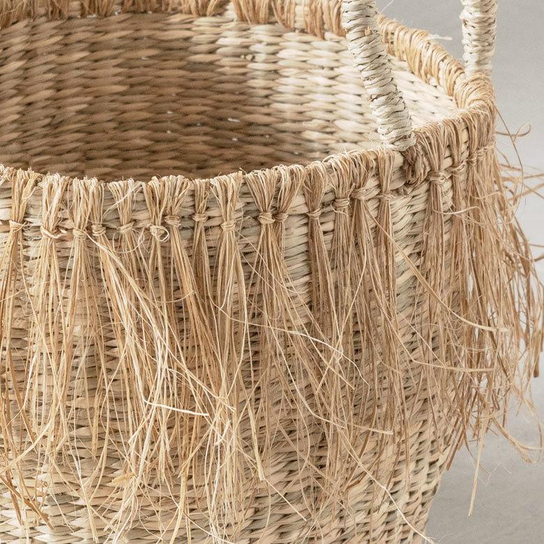 バスケット かご Mサイズ フリンジ シーグラス ラウンド W 25cm D H