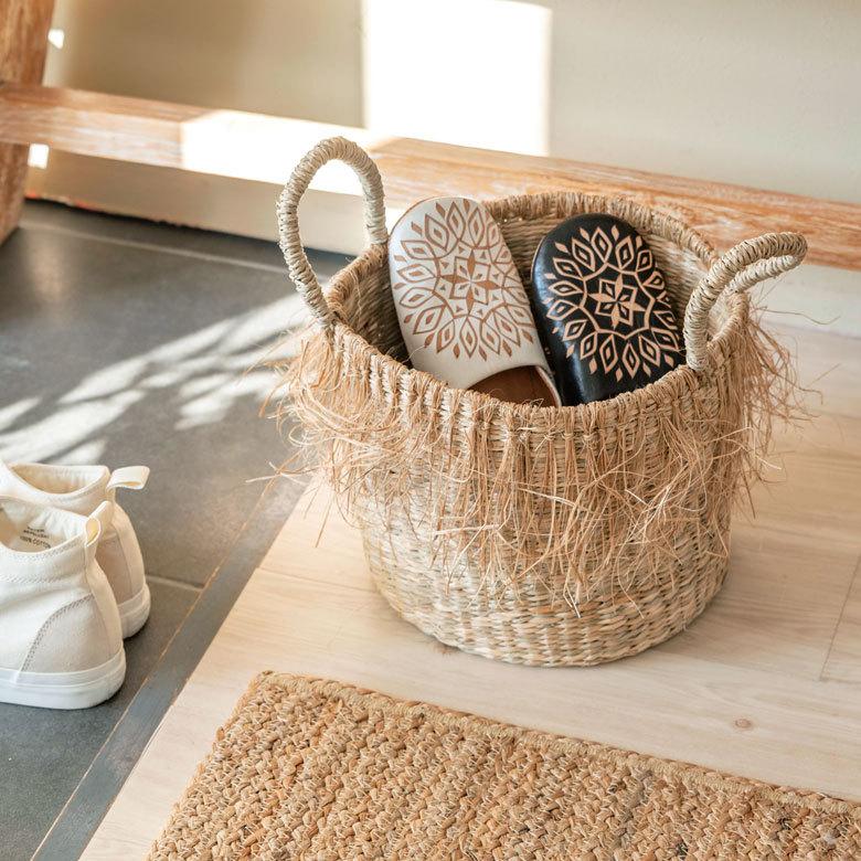 バスケット かご Mサイズ フリンジ シーグラス ラウンド W 25cm D H