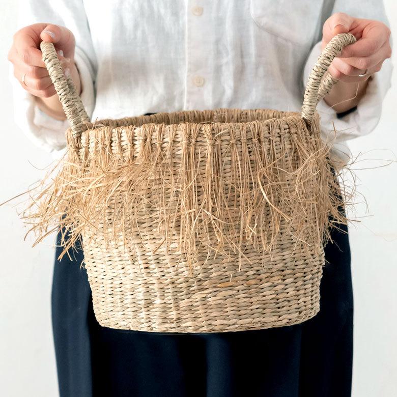 バスケット かご Mサイズ フリンジ シーグラス ラウンド W 25cm D 25cm H 22cm 51290 |  | 07