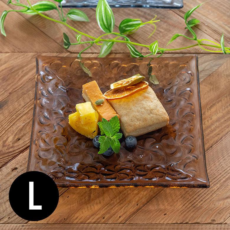 プルメリア柄 ガラスプレート アンバー Lサイズ 21×21cm 62121