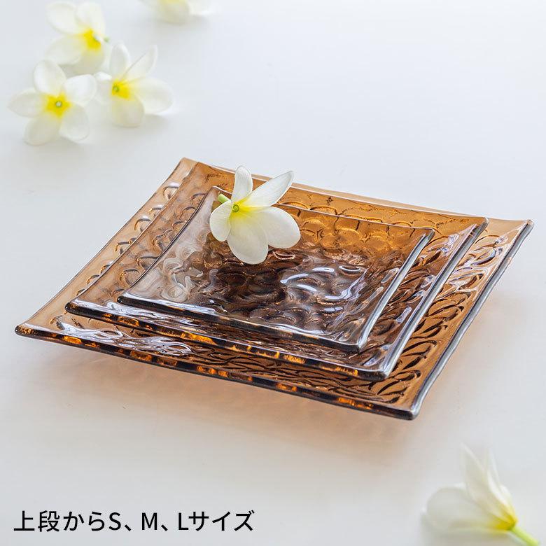 プルメリア柄 ガラスプレート アンバー Lサイズ 21×21cm 62121