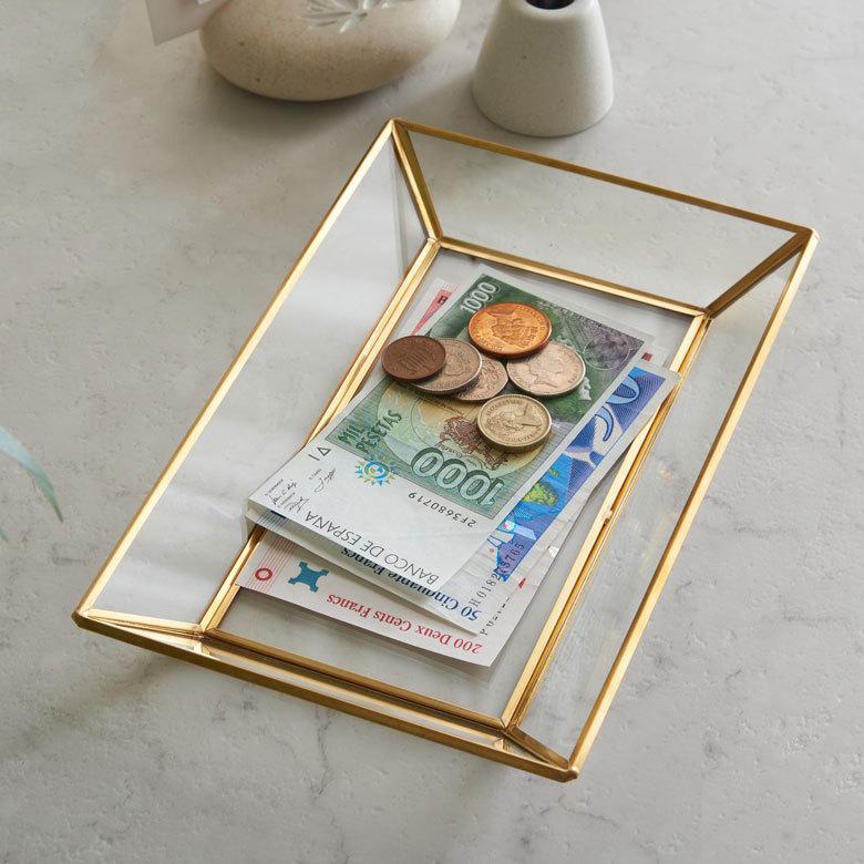 キャッシュ トレー ケース トレイ つり銭 ガラス 真鍮 ゴールド アクセサリー コイン マネー ディスプレイ アンティーク おしゃれ 北欧 アジアン 雑貨 63190 | ブランド登録なし