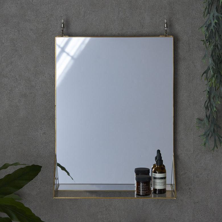 壁掛けミラー 飾り棚付き スクエア型 真鍮フレーム ゴールド ミラー 鏡 ウォールミラー 長方形 オーバルタイプ 壁掛け 吊り下げ アンティーク調 化粧鏡 66718 | ブランド登録なし | 05