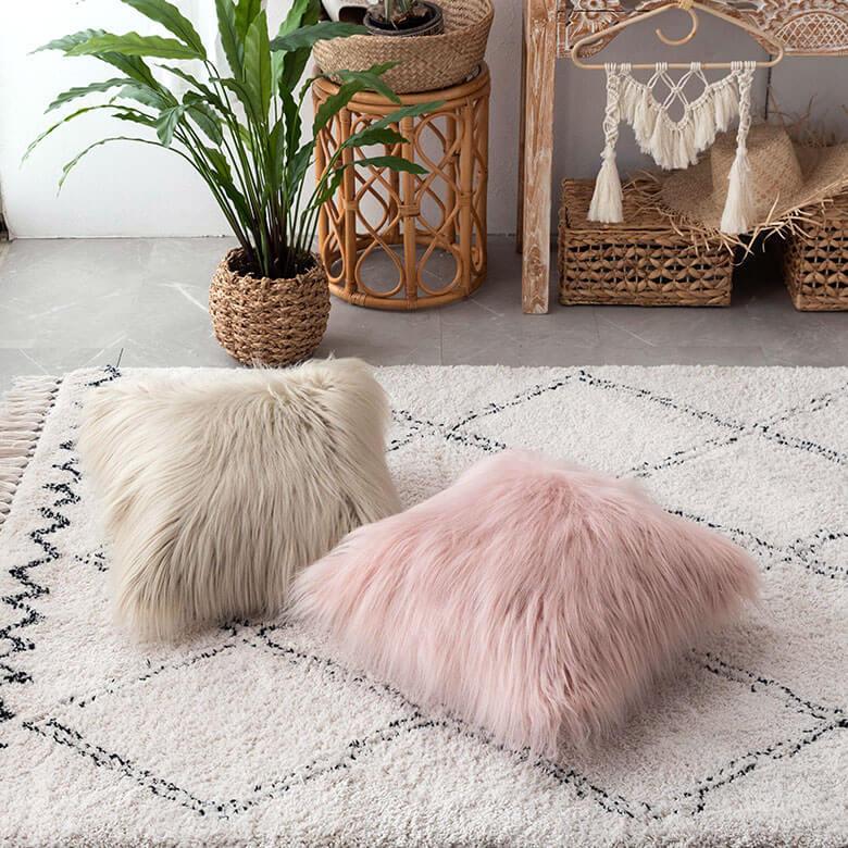 クッションカバー フェイクファー ピンク ベージュ 約45×45cm 正方形