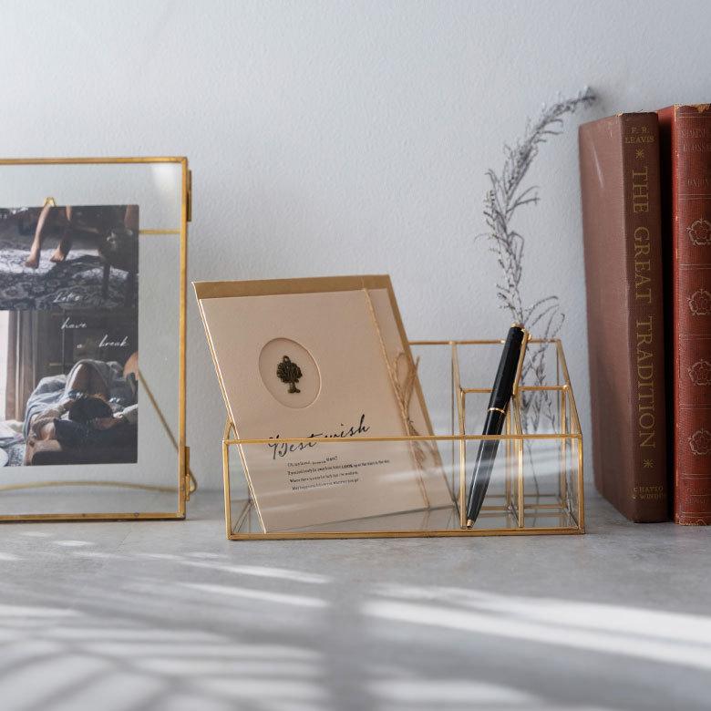 ブラシ スタンド コスメ ガラス 真鍮 5分割 収納 ボックス メイク アクセサリー アンティーク 風 ディスプレイ おしゃれ 北欧  雑貨 インテリア アジアン 67070 | ブランド登録なし | 03