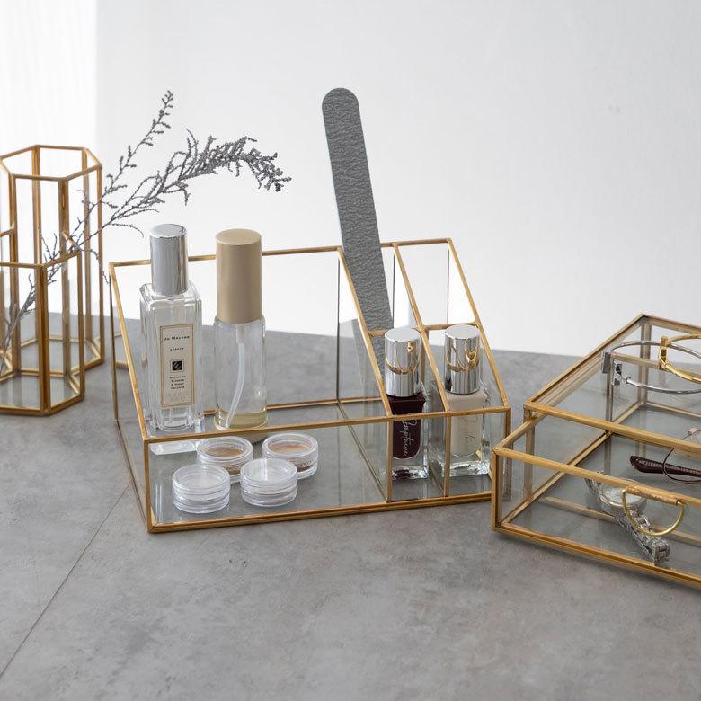 ブラシ スタンド コスメ ガラス 真鍮 5分割 収納 ボックス メイク アクセサリー アンティーク 風 ディスプレイ おしゃれ 北欧  雑貨 インテリア アジアン 67070 | ブランド登録なし | 09