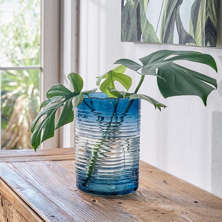 フラワー ベース おしゃれ 花瓶 花びん 花器 ガラス ブルー 楕円柱