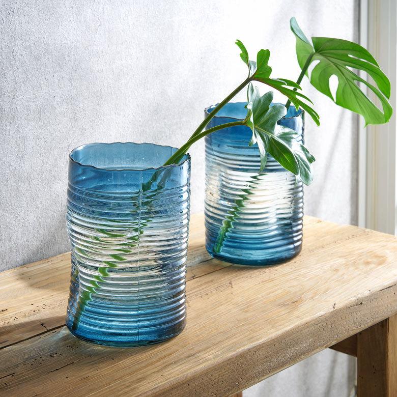 ガラス製　楕円形ハワイアンブルー池坊花器　49cm フラワー ベース おしゃれ 花瓶 花びん 花器 ガラス ブルー 楕円柱