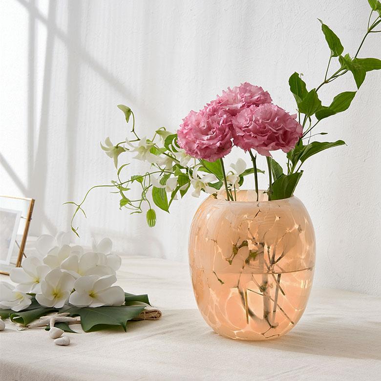 花瓶 フラワー ベース ガラス 半透過 ピンク  ベージュ ドット柄 おしゃれ インテリア 花びん 花器 壺型 生花 ドライ 北欧 韓国 アジアン 雑貨 67096 | 