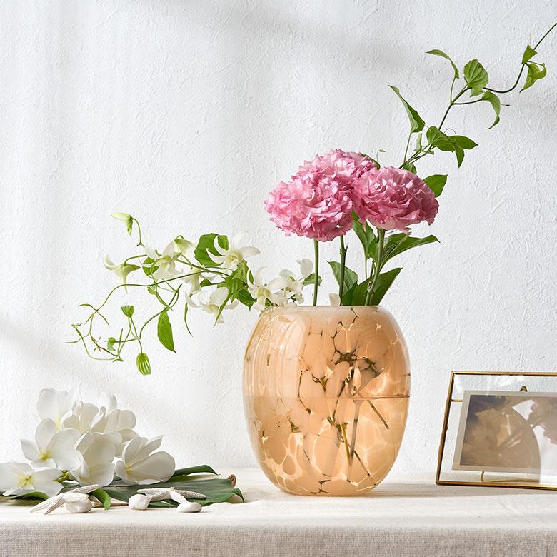 花瓶 フラワー ベース ガラス 半透過 ピンク  ベージュ ドット柄 おしゃれ インテリア 花びん 花器 壺型 生花 ドライ 北欧 韓国 アジアン 雑貨 67096 |  | 07