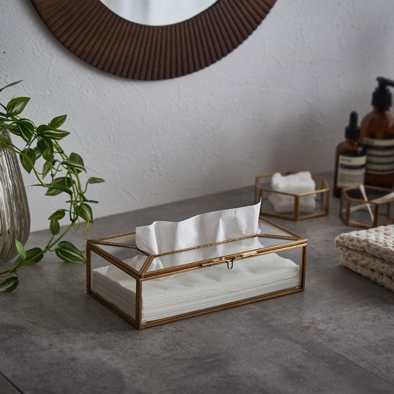 ティッシュ ケース ボックス ガラス 真鍮 ふた 付 約 W 22cm D 11.5cm