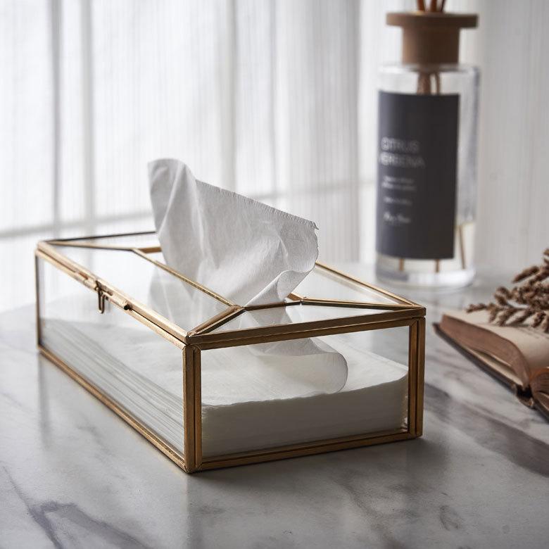 新品 ガラスと金属のティッシュボックス ティッシュ ケース ボックス ガラス 真鍮 ふた 付 約 W 22cm D 11.5cm