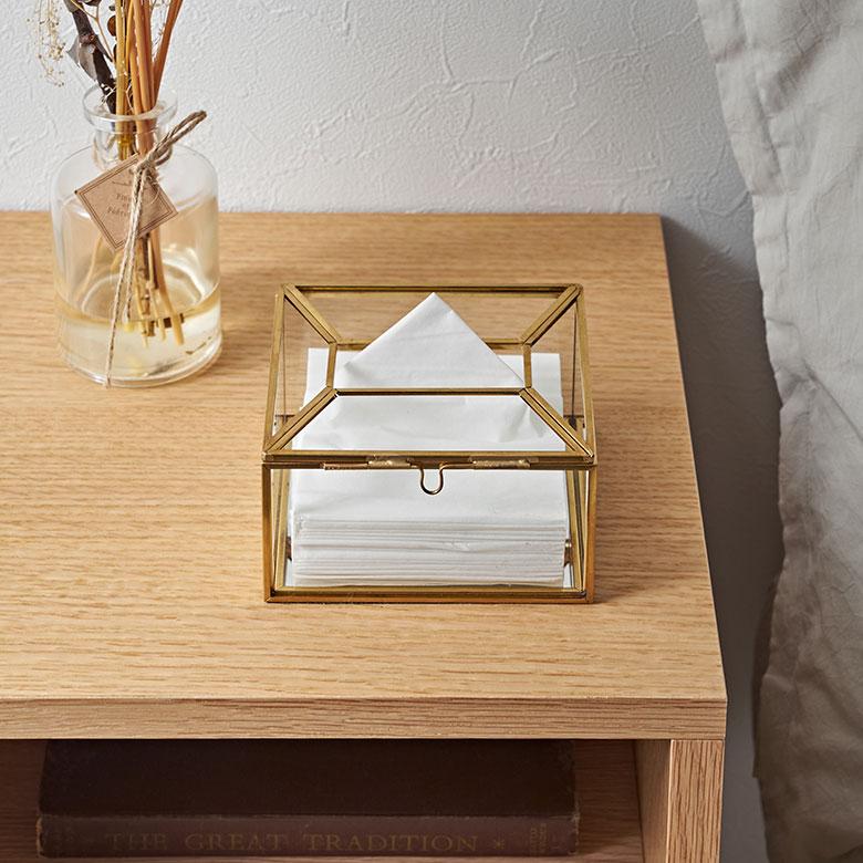 ティッシュ ケース ボックス ハーフ サイズ ガラス 真鍮 ふた 付き コンパクト カバー ポケット おしゃれ 北欧 リゾート 雑貨 インテリア アジアン 67150 | ブランド登録なし | 09