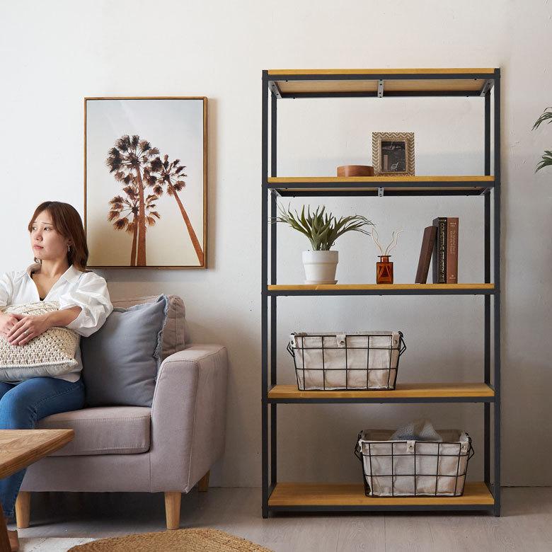 オープンラック 幅84cm 5段 無垢 木製 ウッド アイアン Hus ヒュース