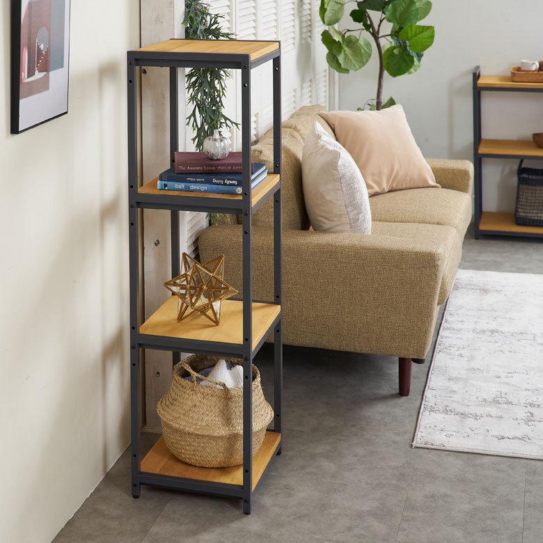 オープン ラック スリム 幅38cm 4段 無垢 木製 ウッド アイアン Hus