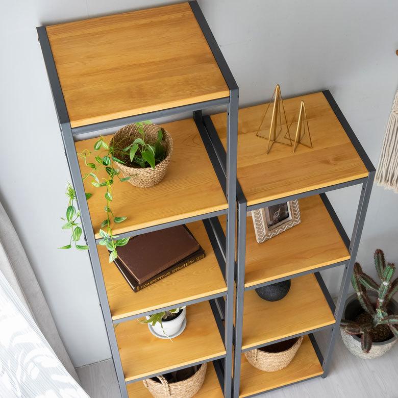 オープン ラック スリム 幅38cm 5段 無垢 木製 ウッド アイアン Hus