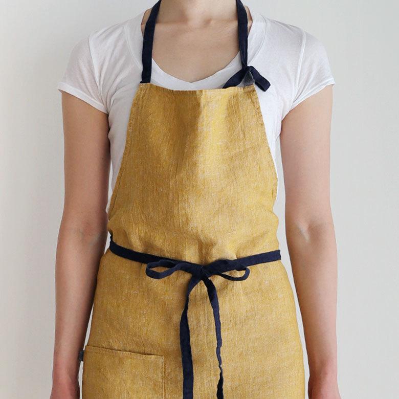 エプロン 長め リネン グレー イエロー フルエプロン シンプル 麻