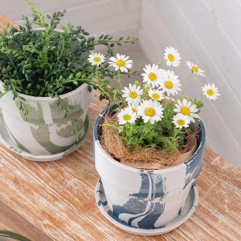 植木鉢 プランツポット 4号鉢 プラスチック マーブル模様 受け皿付き