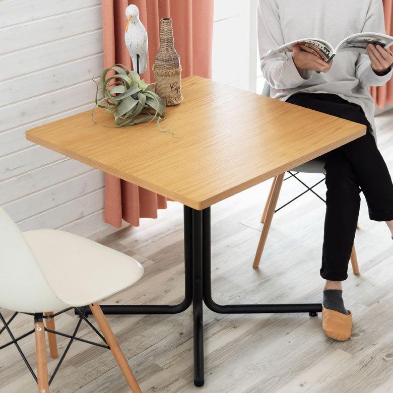 カフェ風テーブル 木製 スチール ナチュラル ブラウン 正方形 幅75cm 高さ70cm カフェテーブル ダイニングテーブル カウンターテーブル 食卓 一本脚 75角 2人掛｜asia-kobo
