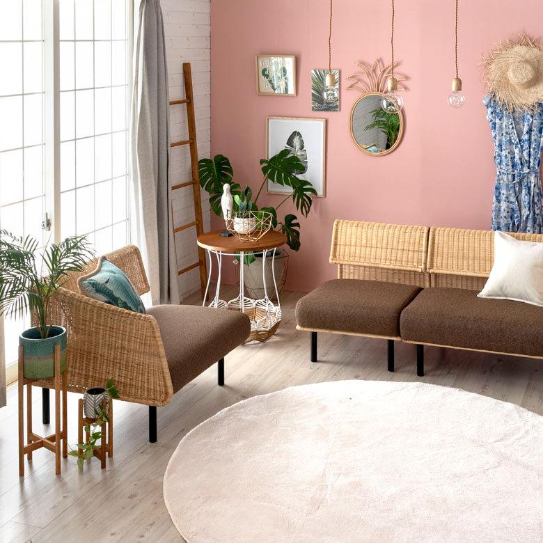 東谷 ラタンソファー 左 ラタンソファ ブラウン 脚付き 脚取り外し可