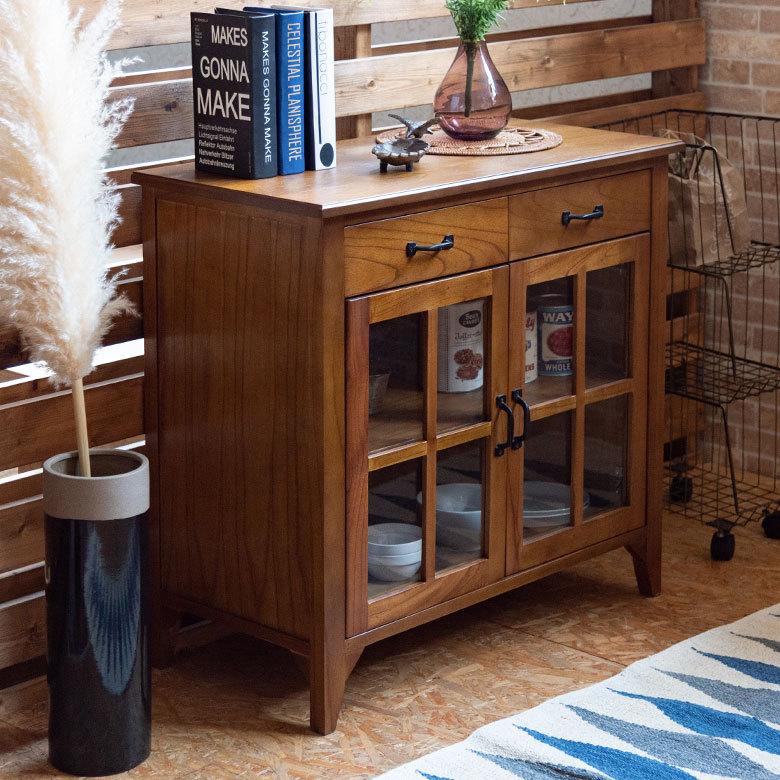 木製キャビネット ガラス扉 引き出し3段 timber land＜25ｂ17＞ ティンバー キャビネット リビングチェスト チェスト 木製 引き出し