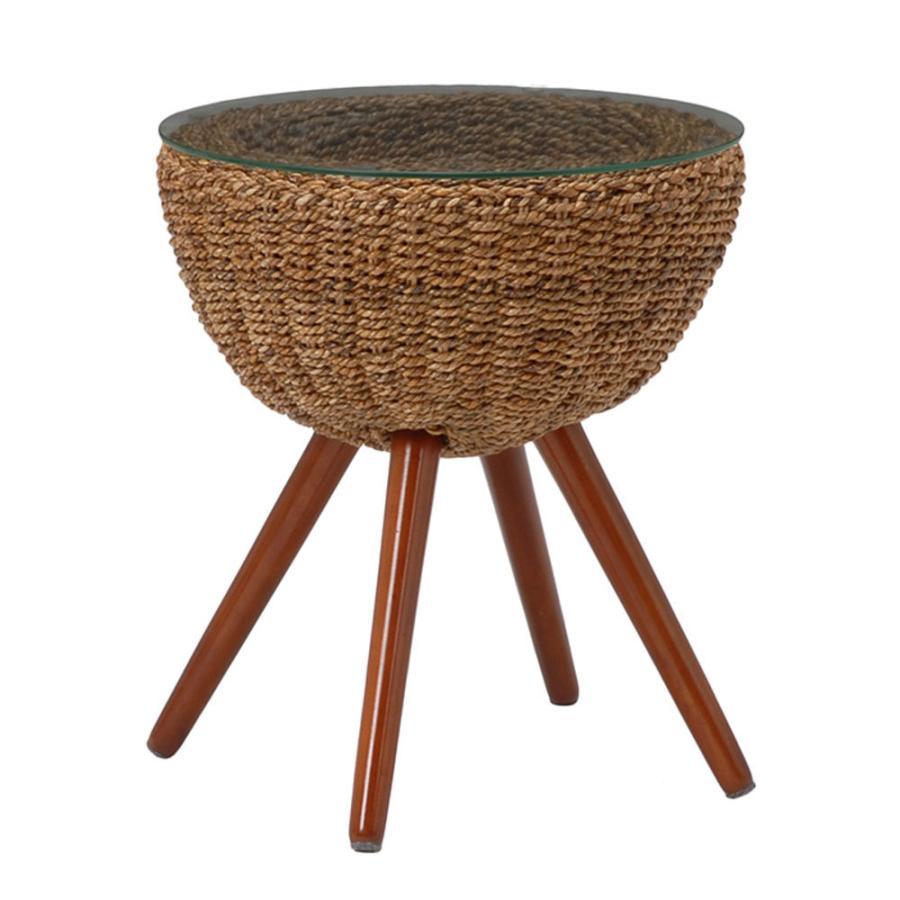 サイドテーブル アバカ素材 強化ガラス天板 丸型 径45cm 脚付き 96014