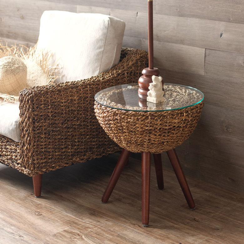 サイドテーブル アバカ素材 強化ガラス天板 丸型 径45cm 脚付き 96014