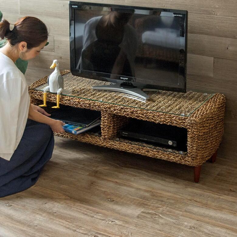 テレビ台 アバカ素材 強化ガラス天板 幅120cm 収納棚付き 96016