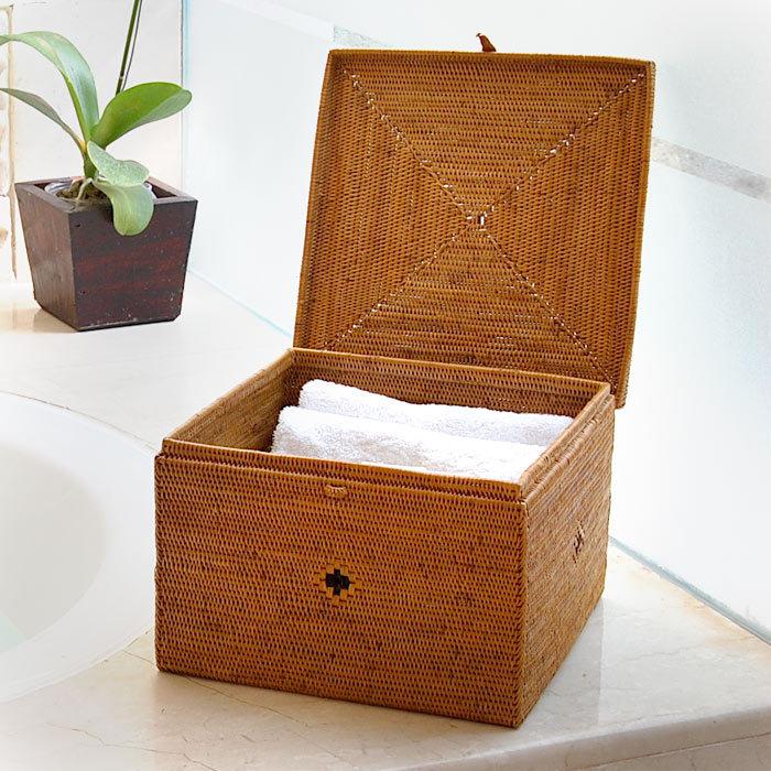 アタ 編まれた 大きなフタ付きボックス型 バスケット Lタイプ 2203