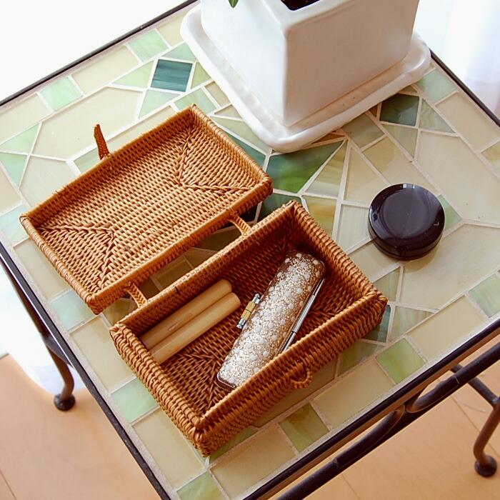 アタ 編まれた 長方形 フタ付き小物入れミニケース 2233 : アジア工房